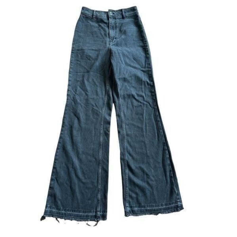 We the Free washed black denim high rise flare raw hem jeans sz 27